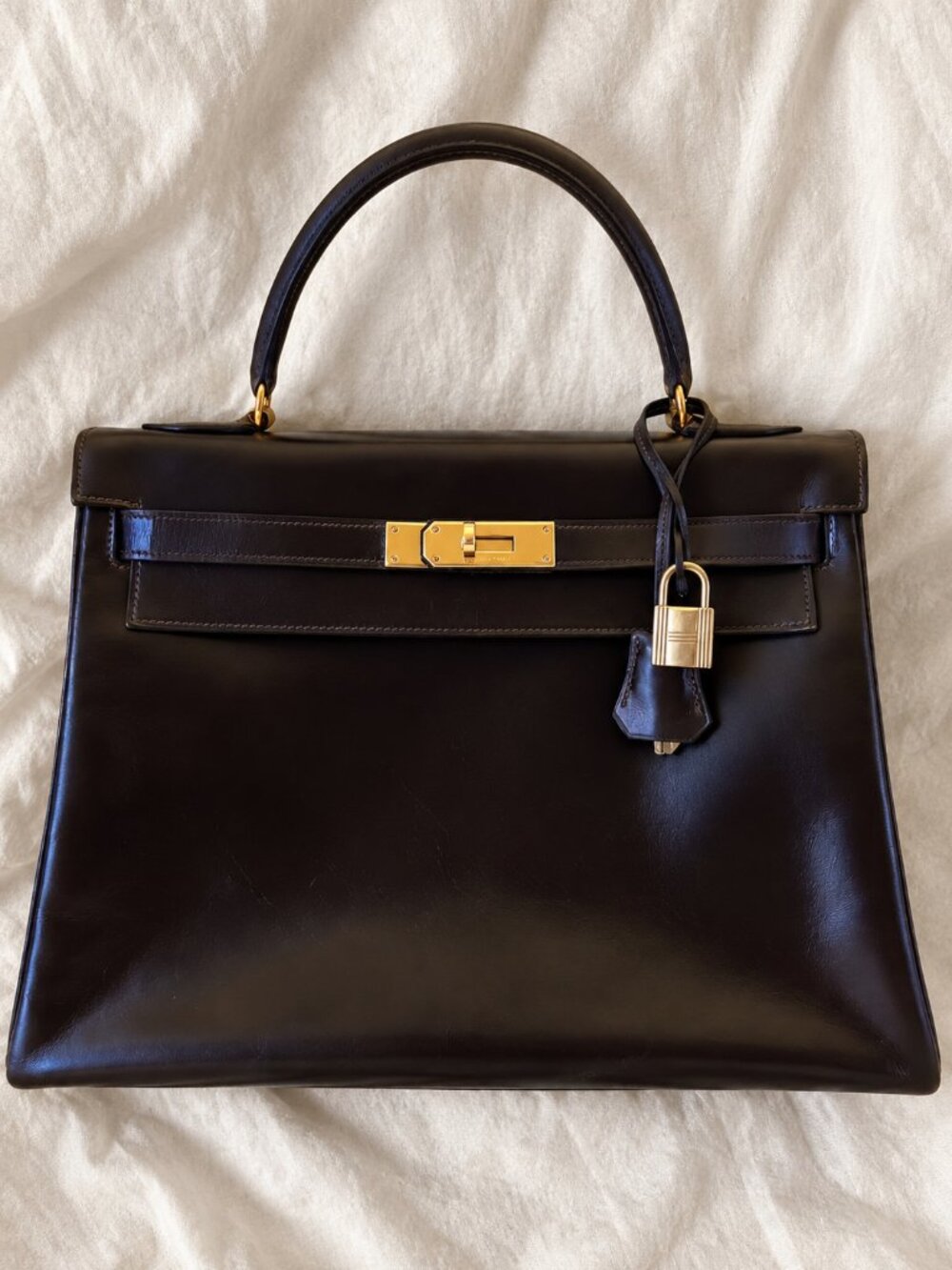 Hermes Kelly Bag 32 Brown Box Leather Gold Hardware - Vintage - Vtg